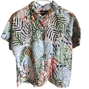 Tahari Sz Large Tropical short sleeve Button Down shirt Blouse 100% Linen